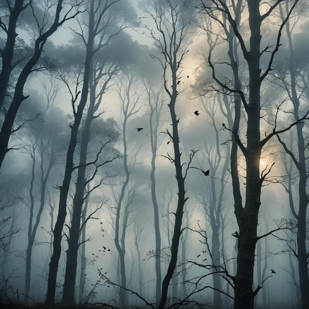 Mystical Forest Landscape in Cinematic Style with Birds and...