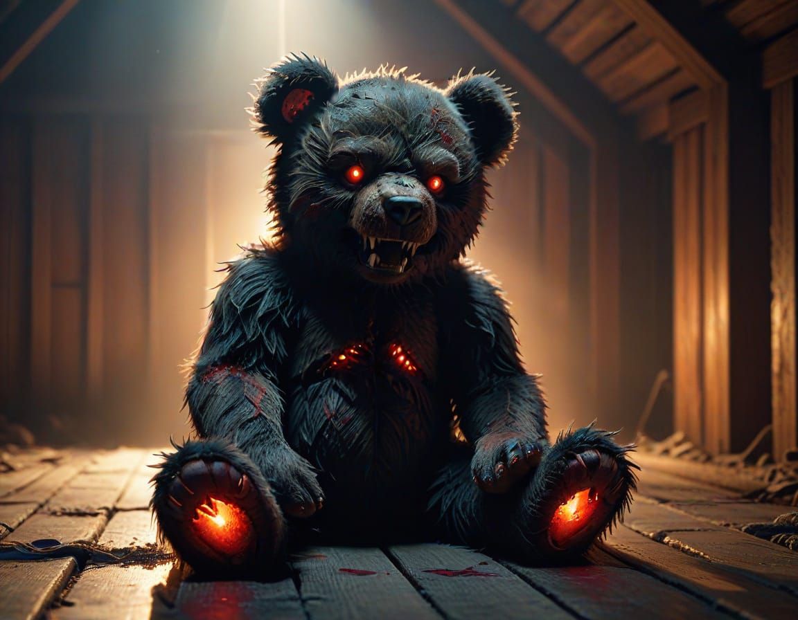 Sinister Teddy Bear in Dark Fantasy Illustration