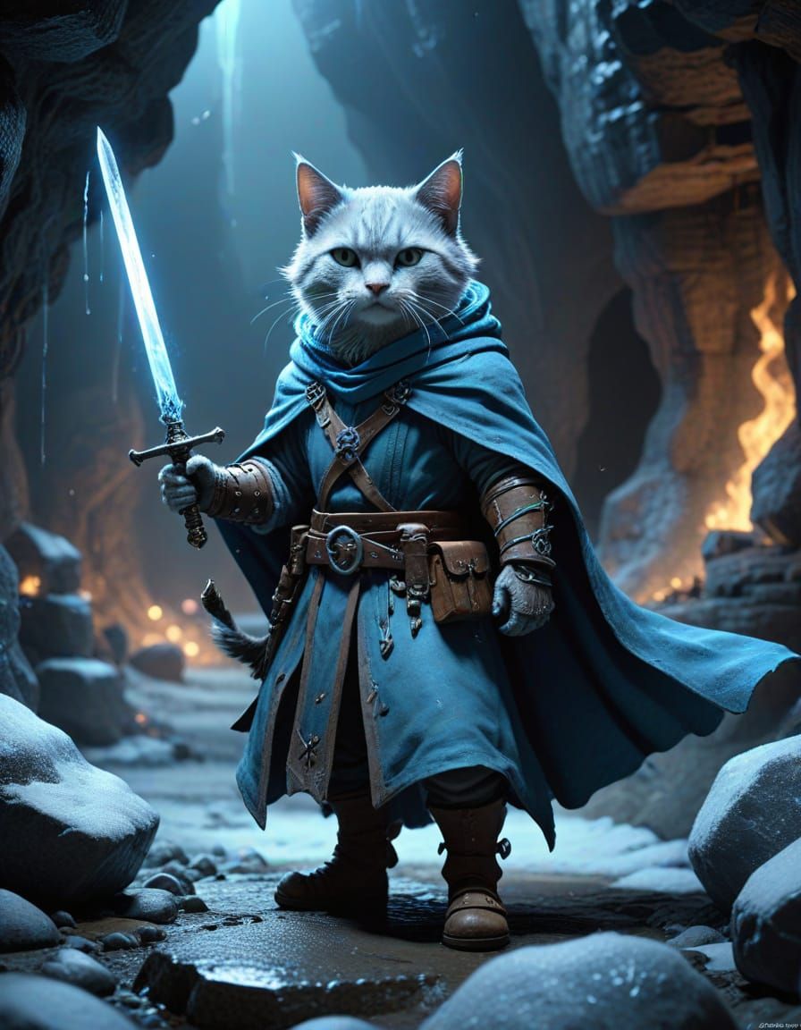Whimsical Fantasy Cat Warrior in Dark Cavern