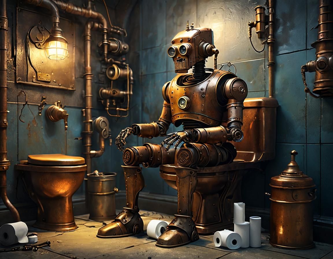Steampunk Robot on Toilet in Surreal Bathroom