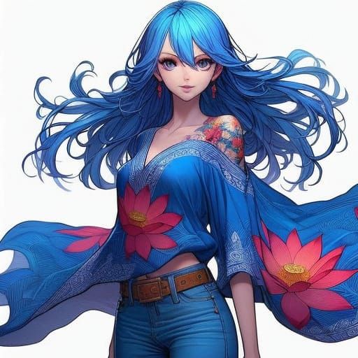 Confident Anime Heroine in Vibrant Blue Hair and Lotus Patte...