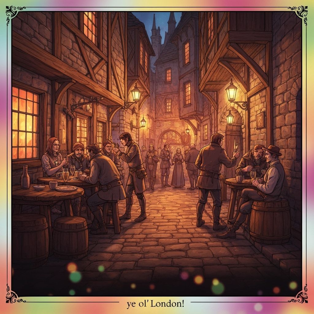 Bustling Tavern Scene in Old Town Streets