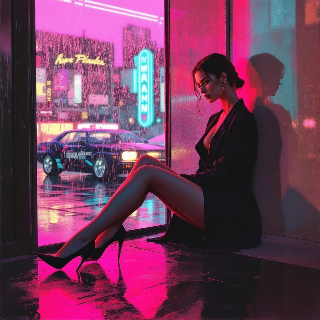 Elegant Woman in Cyberpunk Atmosphere