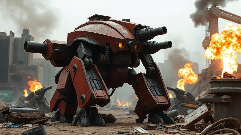 Battle-Scarred Robot in War-Torn Ruins