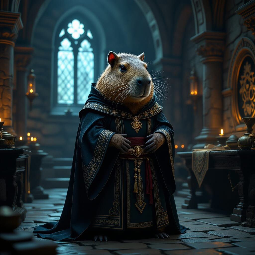 Photorealistic Capybara Mage in Ancient Ruin