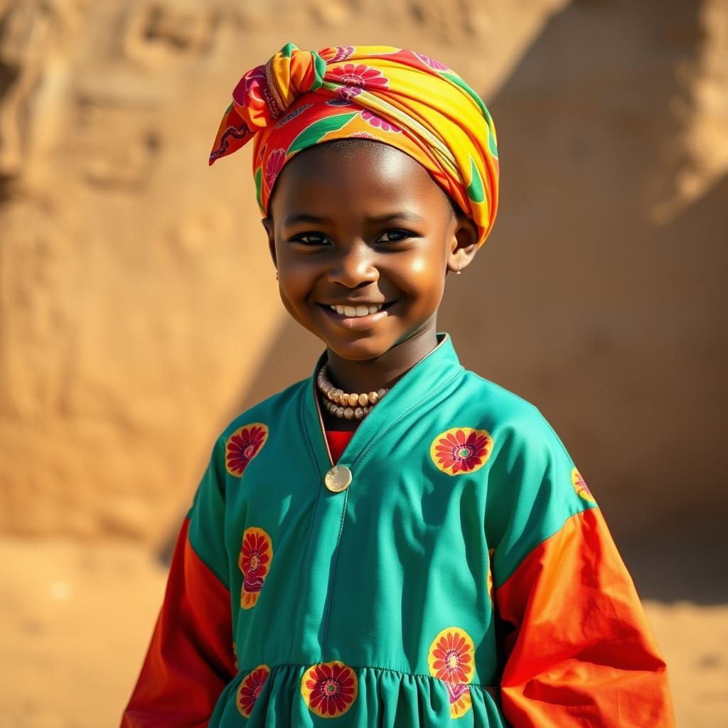 Smiling Dark-Skinned Girl in Traditional Togo Clothing, Phot...