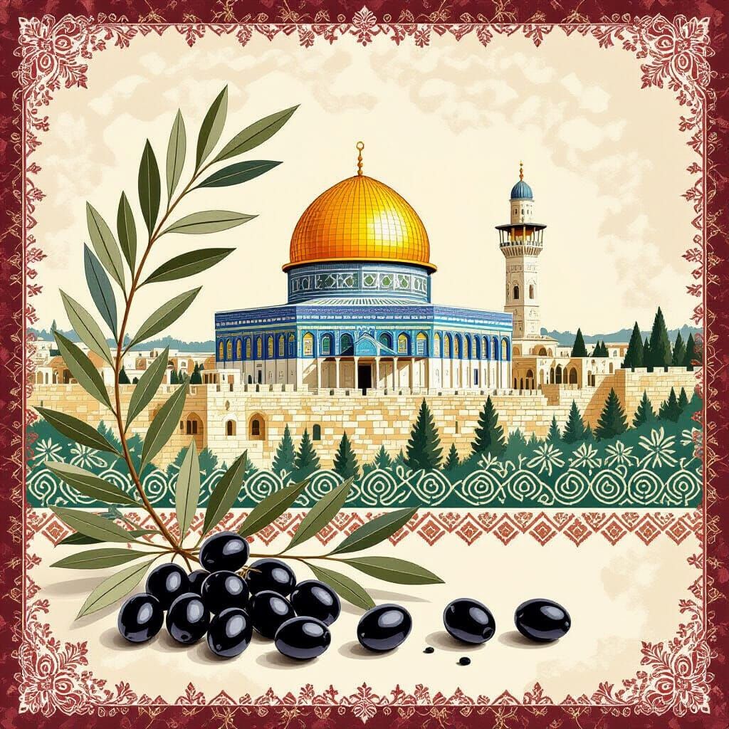 Palestinian Olive Branches Frame with Dome of the Rock