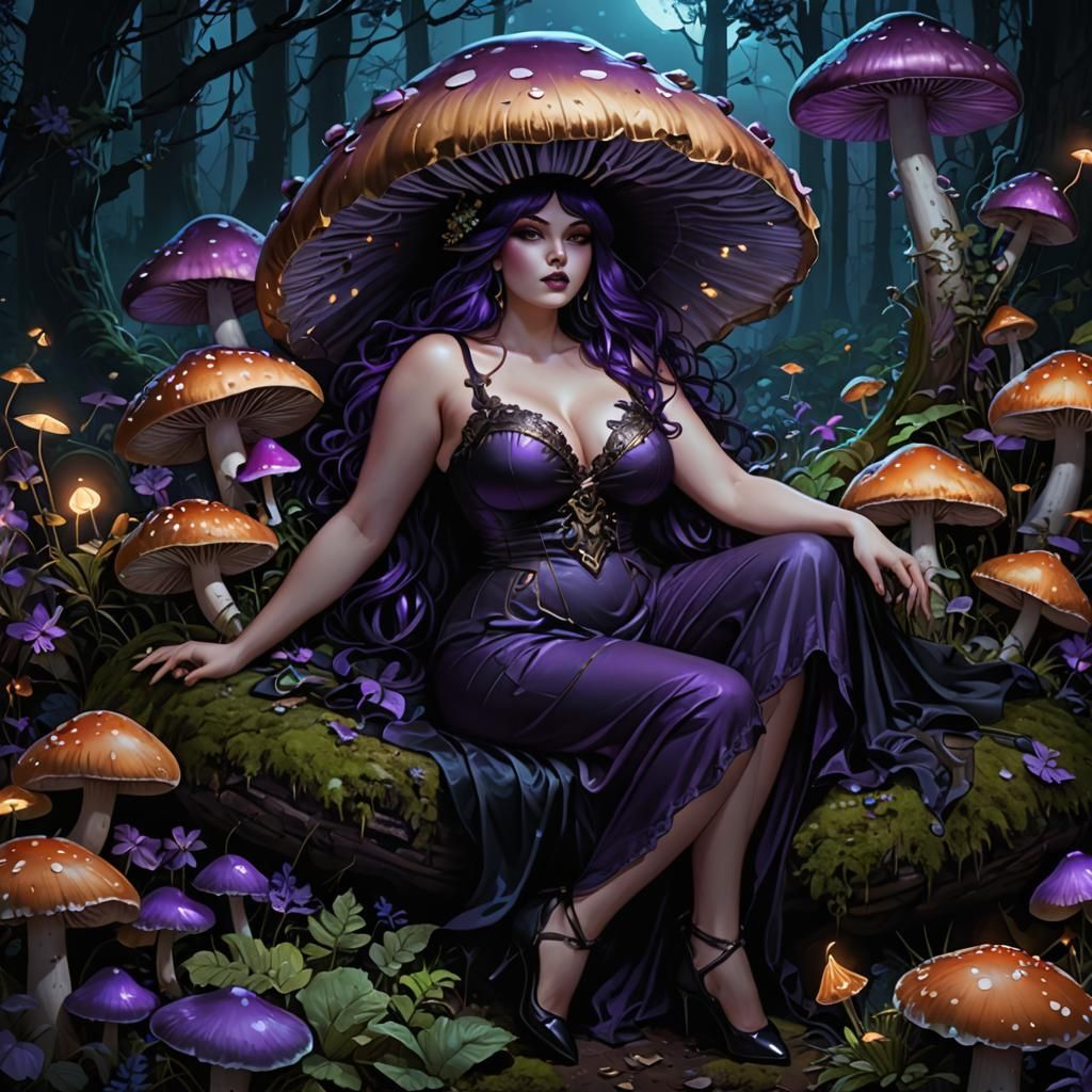 Fae Woman Lounging Under Mushroom, Dark Fantasy Concept Art