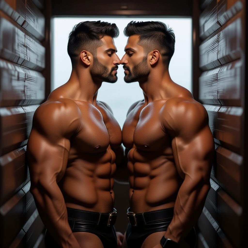 Two Muscular Men Embrace in Photorealistic Image