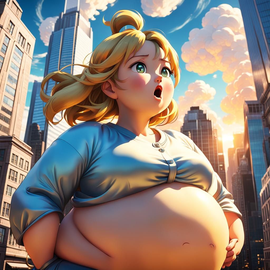 Anime Girl Burping with Round Belly in City