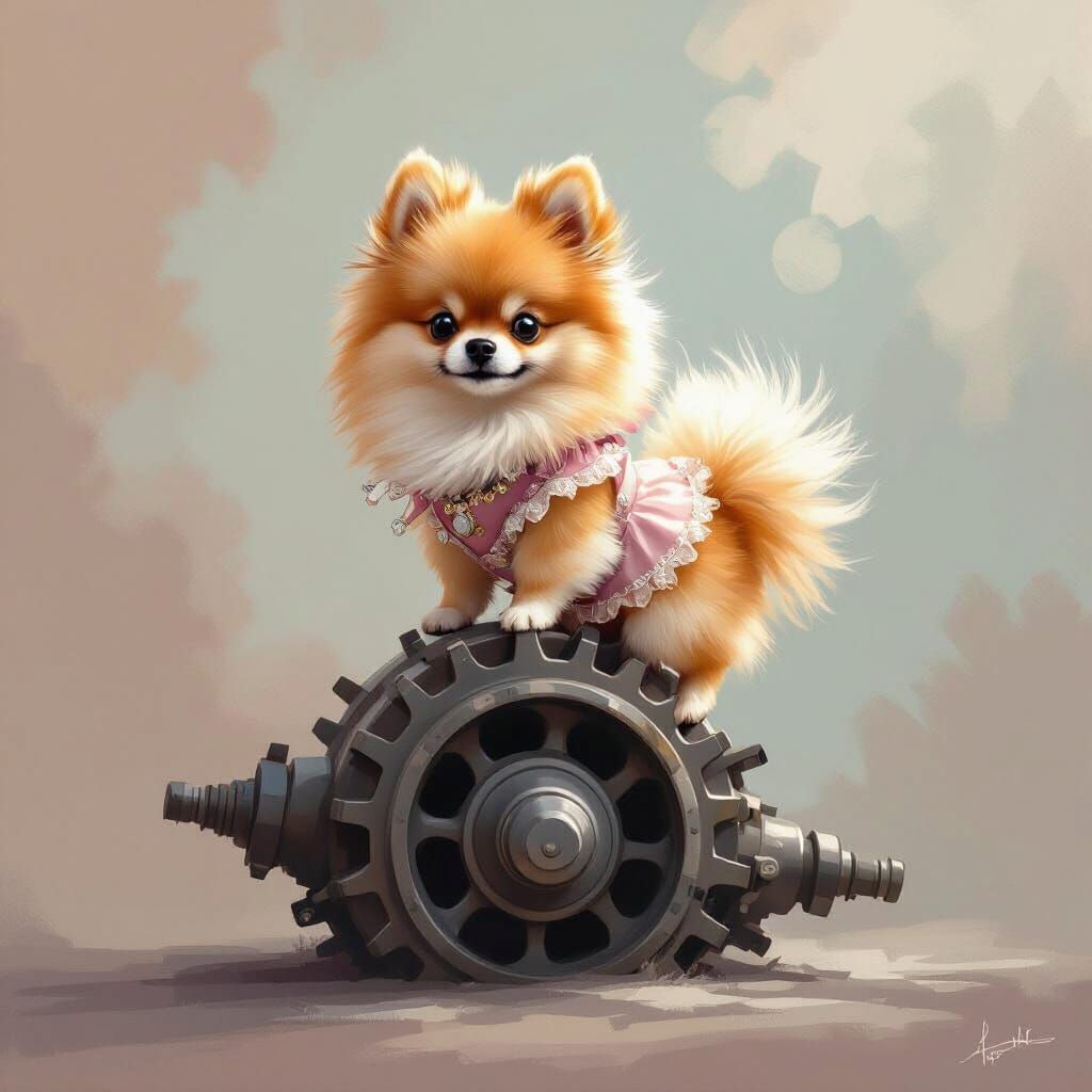Tiny Pomeranian in Haute Couture on Engine Part