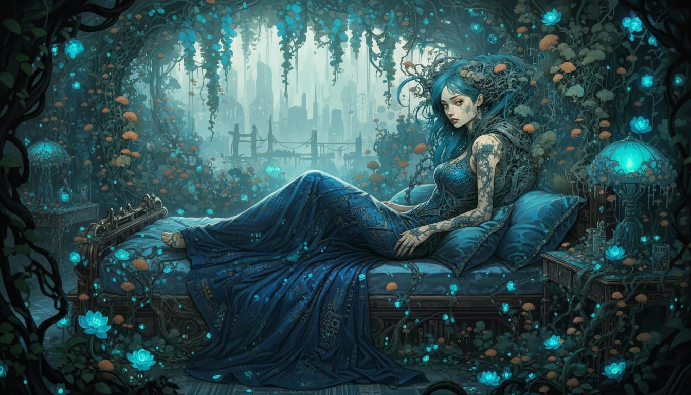 Cyberpunk Damsel in Overgrown Bedroom
