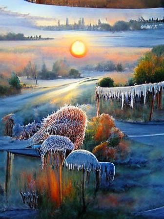 Cold frosty morning sunrise beautiful detailed painting