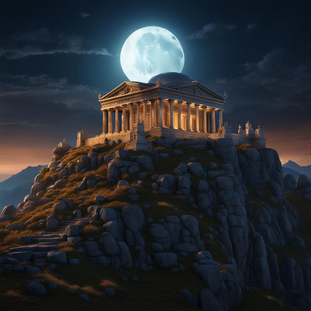 Greek Temple on Mountain at Night, Detailed Matte Painting