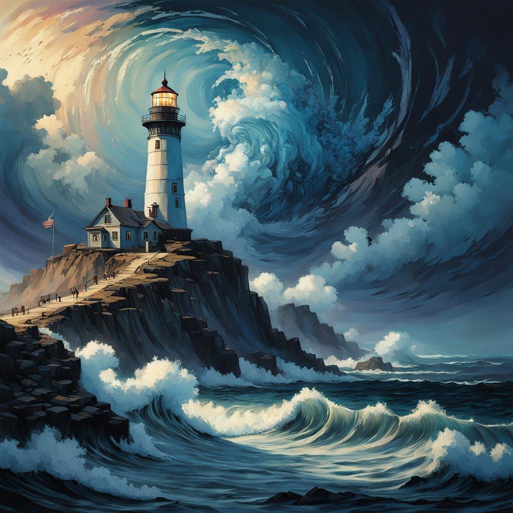 Majestic Coastal Lighthouse in a Dreamlike, Swirling Planet ...