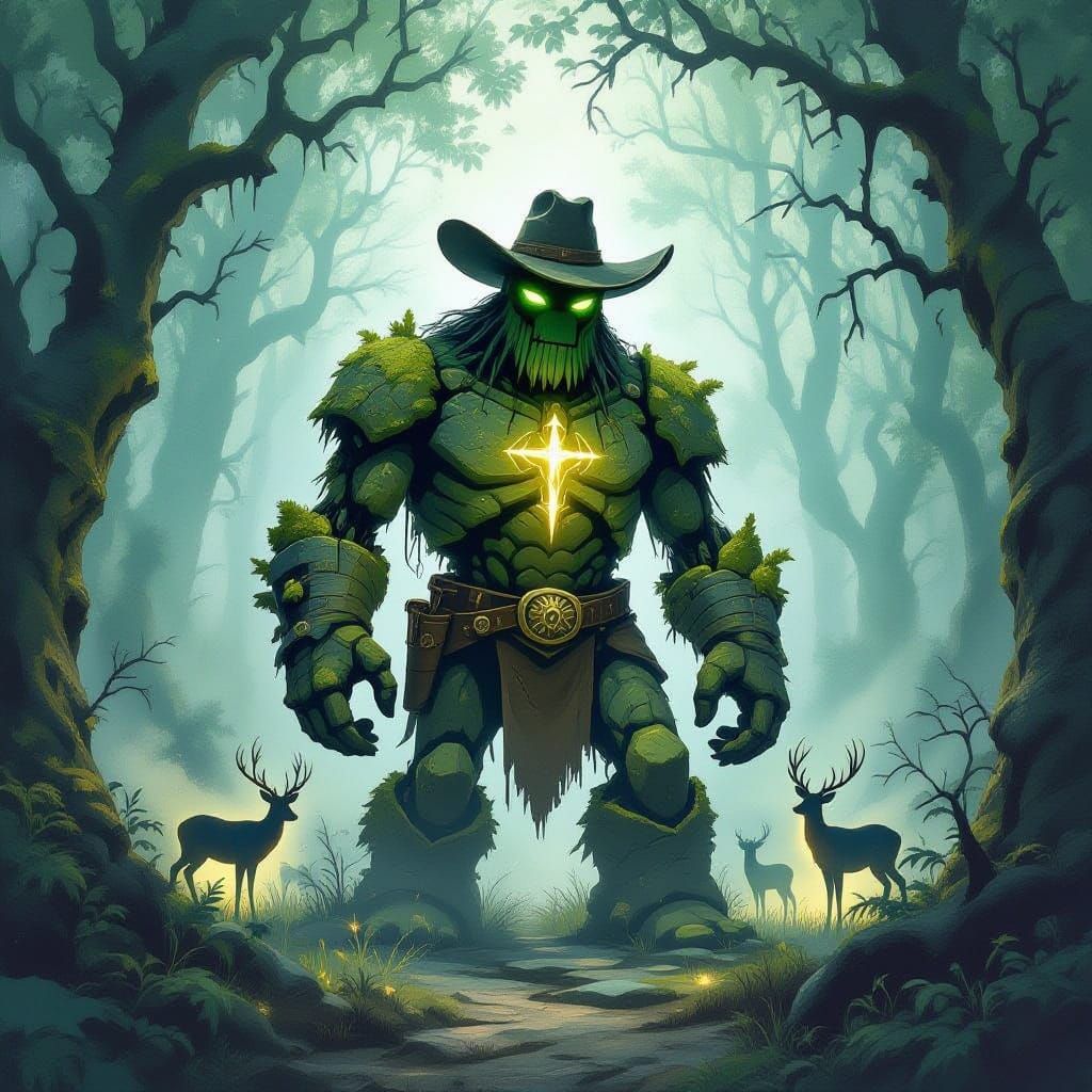 Mossy Stone Golem Cowboy in Enchanted Forest