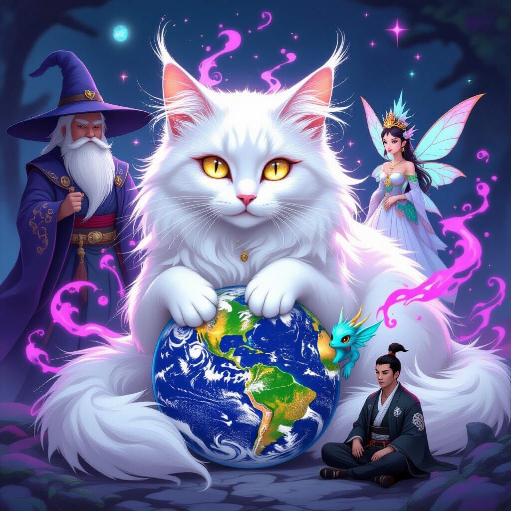 Majestic Cat Guardian in Surreal Cyberpunk Style