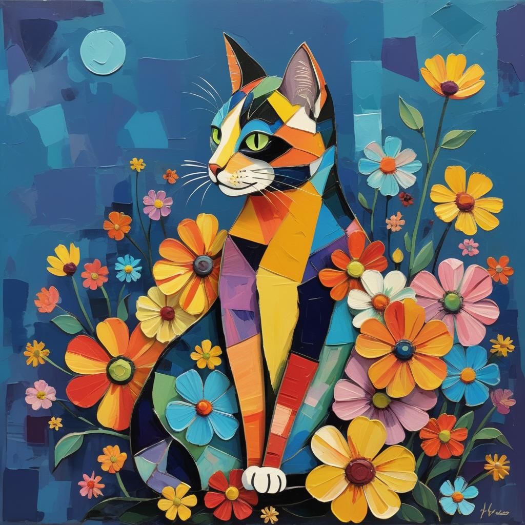 Surreal Cubist Collage of a Mischievous Cat Amidst Vibrant F...