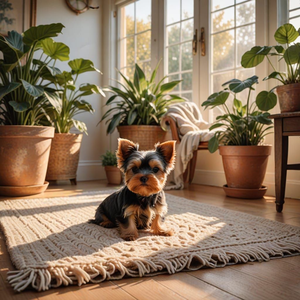 Cozy Sunroom with Sleeping Yorkie in Watercolor Style
