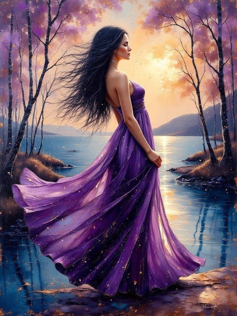 Elegant Oil Painting of a Dancing Woman in Purple Dress