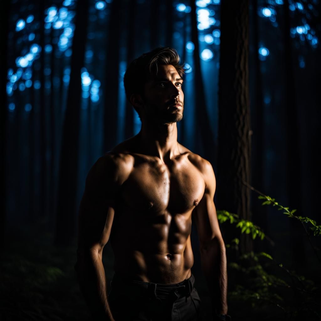 Striking Flash Photo of Man in Dark Forest