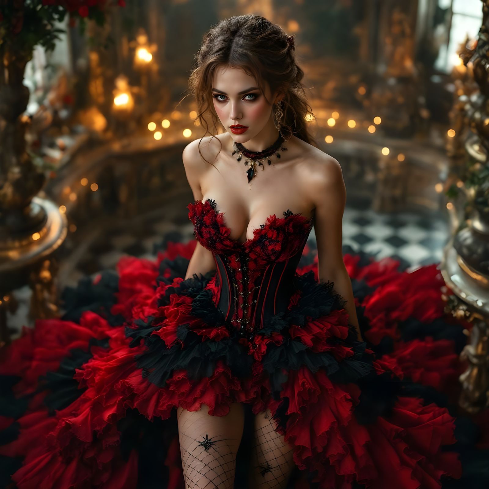 Flirty Woman in Corset Gown in Palace