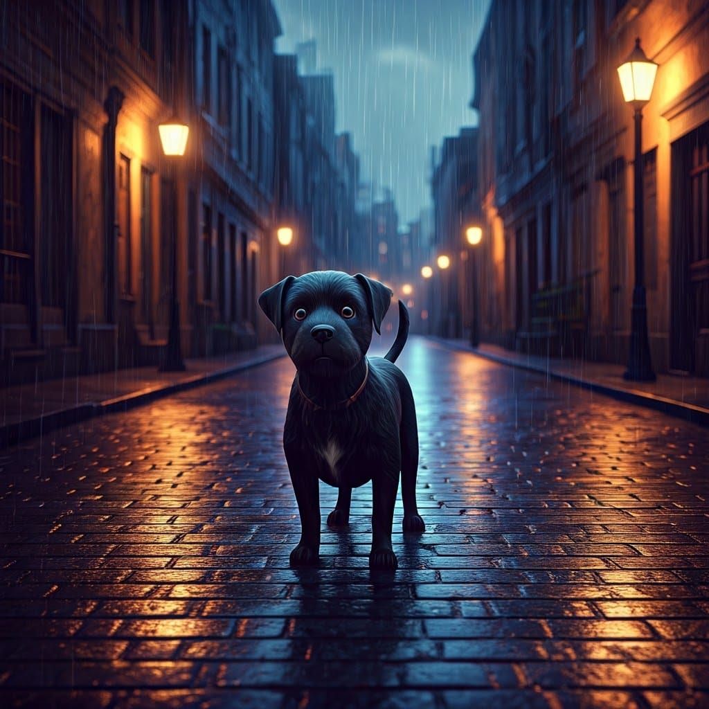 Black Dog in Rainy Street, Pixar-Inspired Art