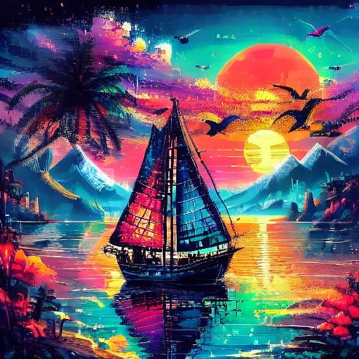 Vibrant Sunset Sailboat Oil Painting