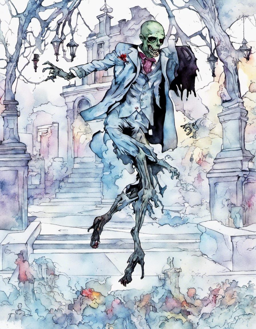 Dancing Zombie Jamboree in Cyberpunk Watercolor Style