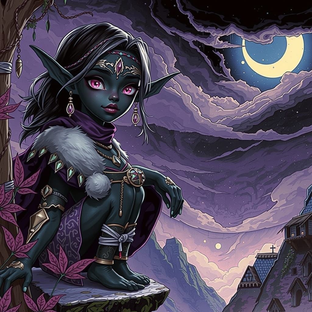 Elf Maiden on Purple Cliff in Dark Fantasy Style