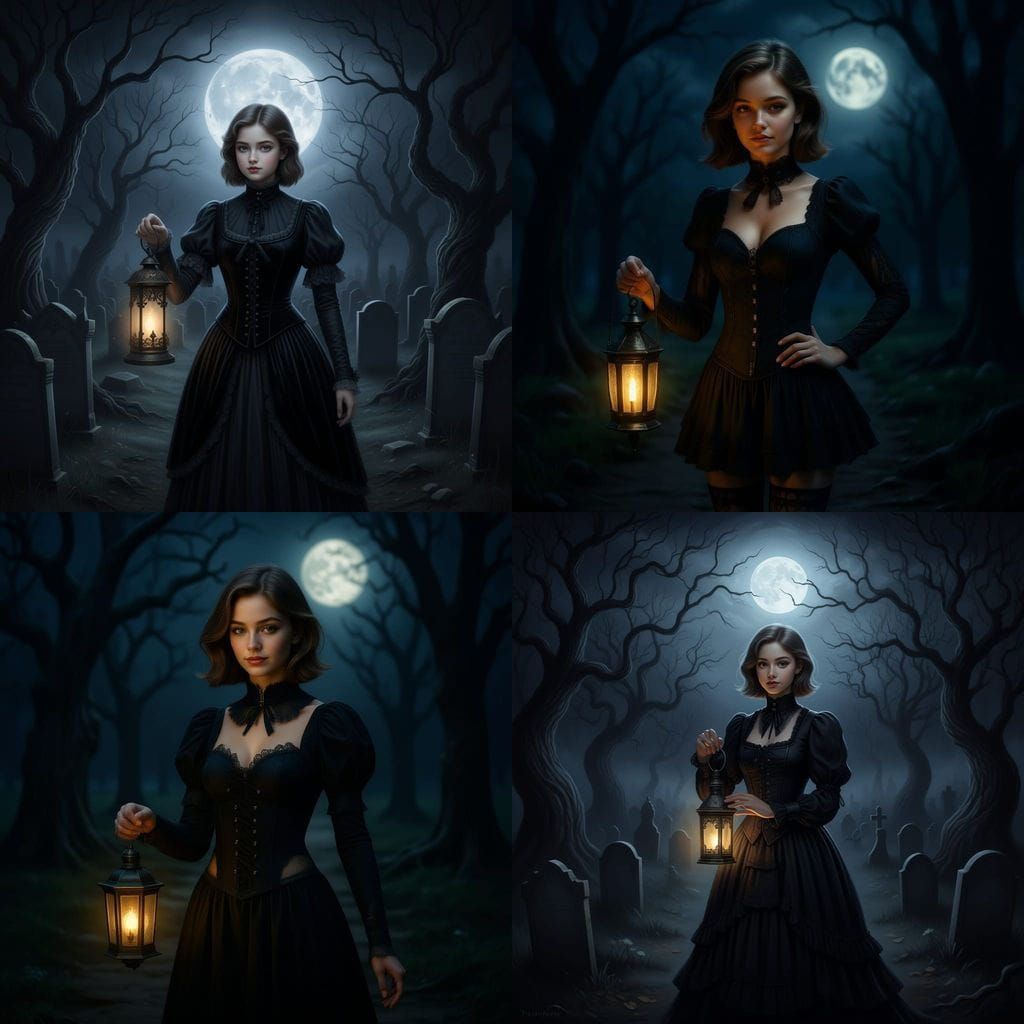 Gothic Girl with Lantern in Moonlit Cemetery