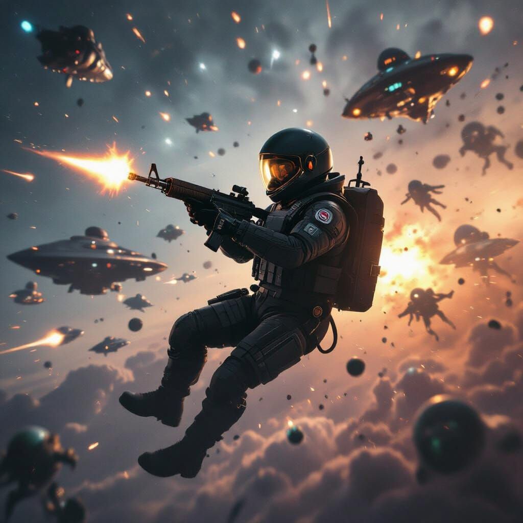 Man Defends Against Aliens in Space