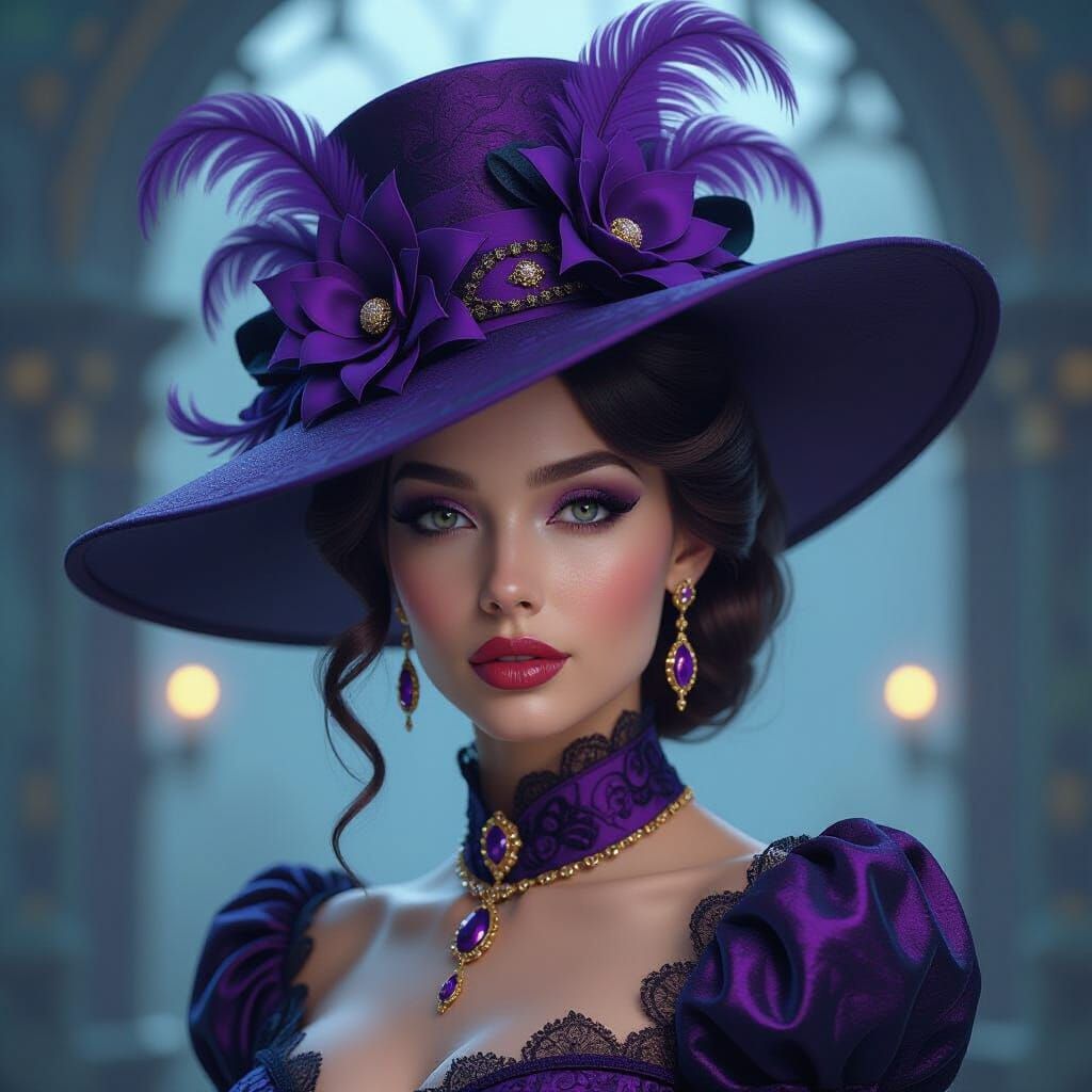 Woman in Lavish Purple & Black Hat, Dark Fantasy Portrait