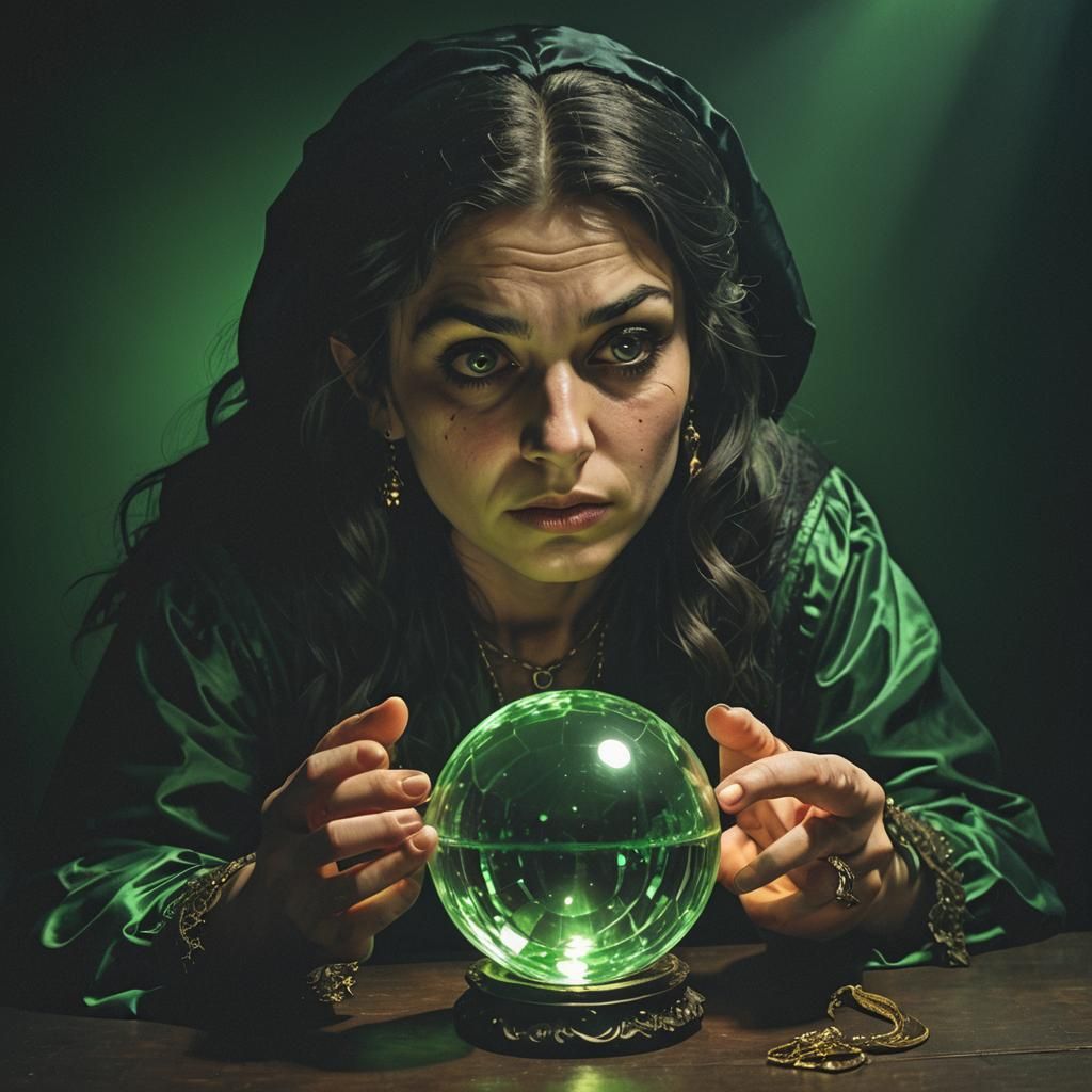 Jealous Gypsy Witch Gazing into Crystal Ball