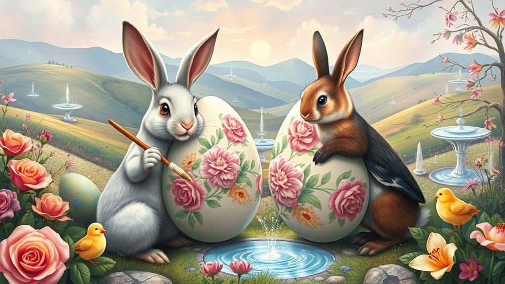 Rabbits and Chicks Painting Easter Eggs in Fairytale Landsca...