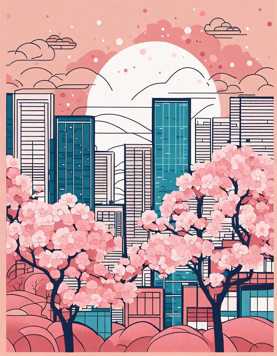 Japandi Sakura Tree Line Art with Skyscrapers