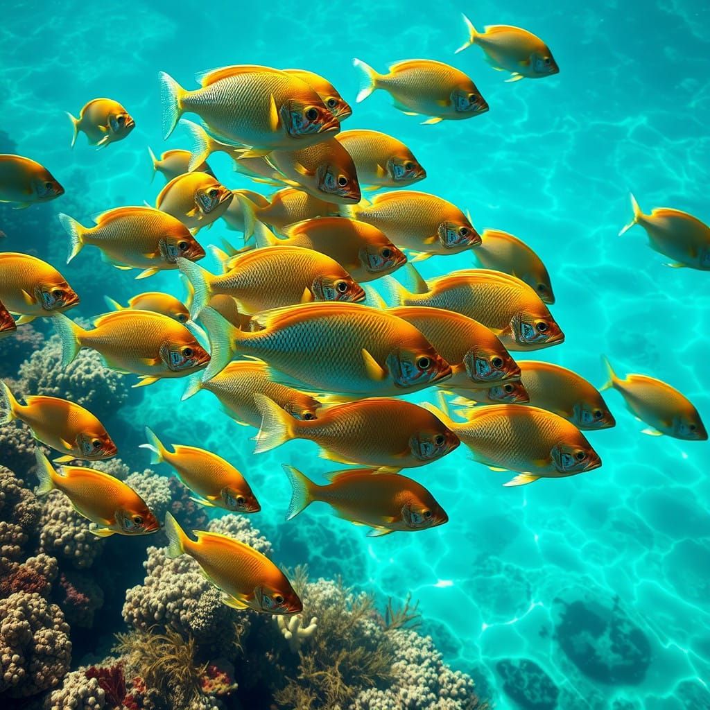 Surreal School of Fish Swimming in Crystal-Clear Turquoise W...