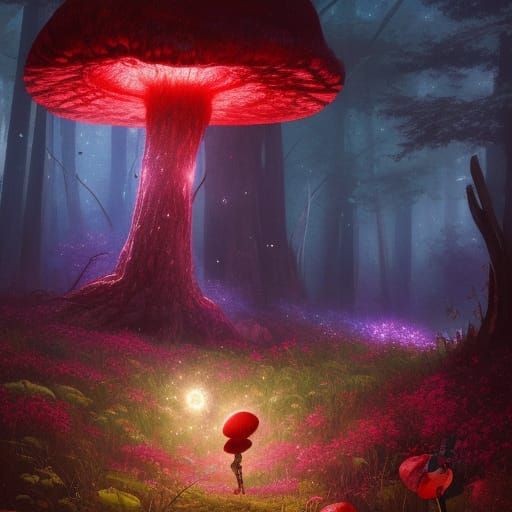 Epic Fantasy: Gigantic Mutant Mushroom in Enchanted Meadow