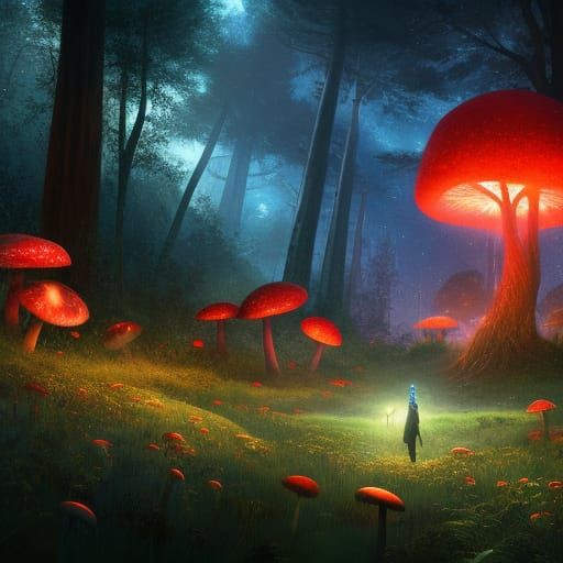 Epic Fantasy: Gigantic Mushroom in Enchanted Meadow