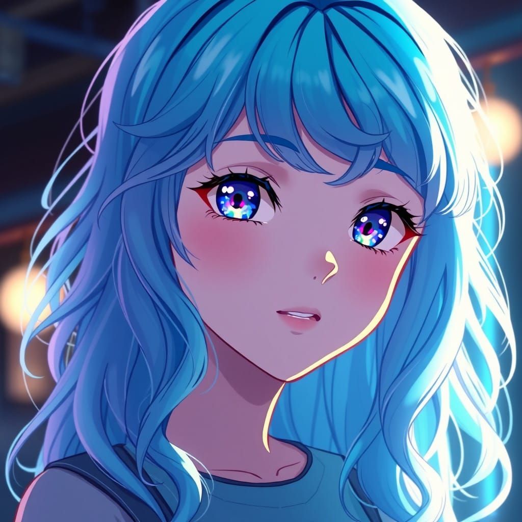 Girl in Neon Blue Hair and Eyes with Studio Ghibli Inspirati...