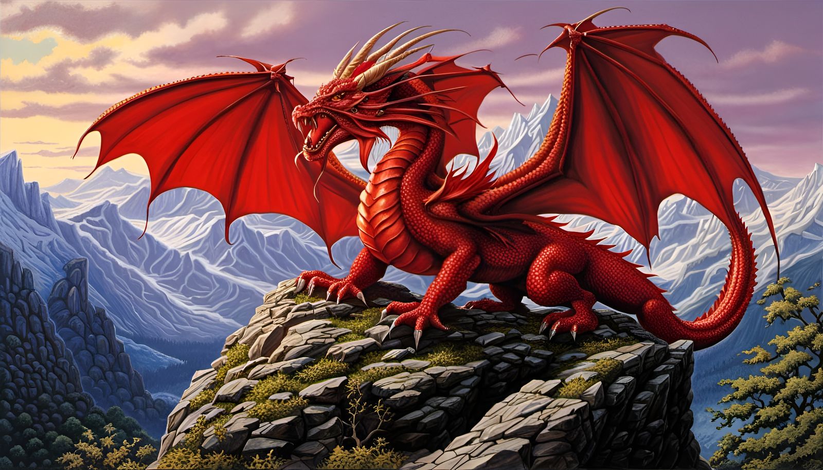 Red Dragon on Mountain: 90s Fantasy Art