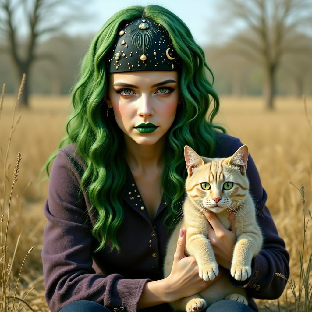 Woman with Emerald Hair and Cornish Rex Cat in Garden