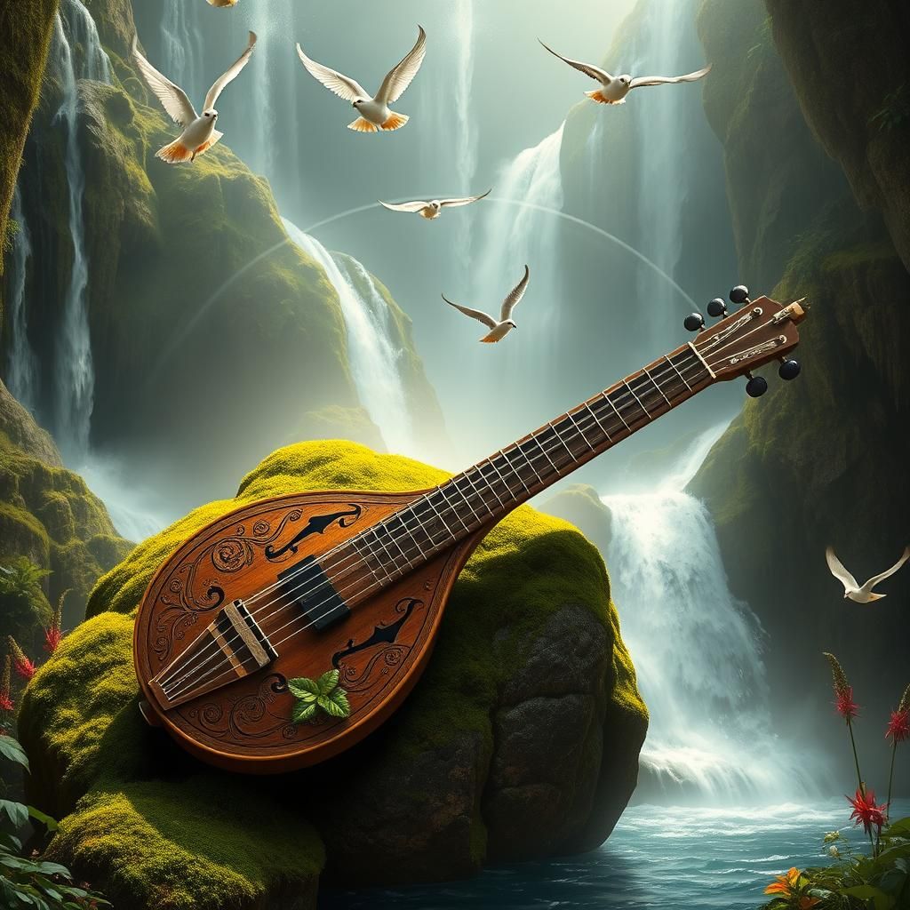 An Indian Instrument "VEENA" in misty nature, surrounded by ...