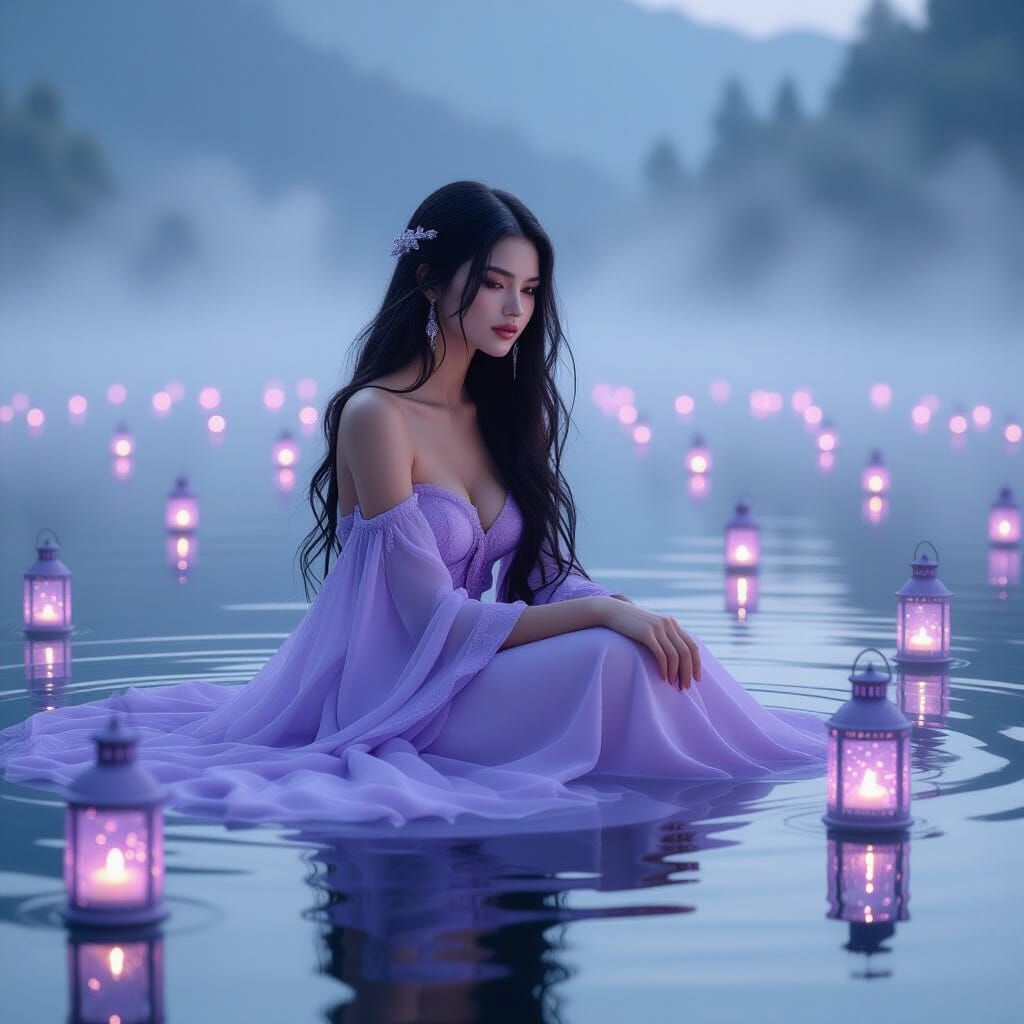 Ethereal Woman on Mirrored Lake in 8K