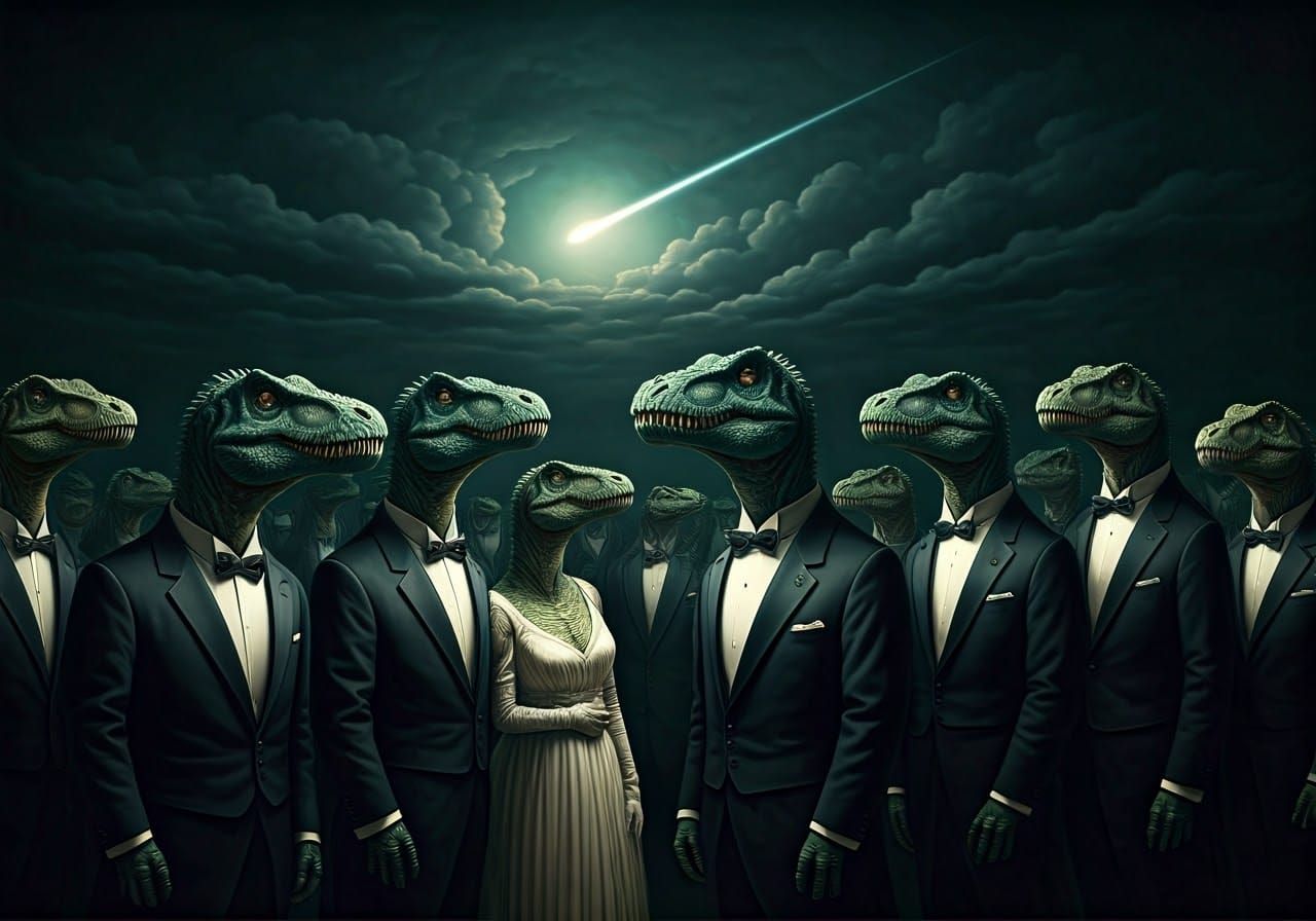 Elegant Dinosaurs Witness Meteor in Dramatic Chiaroscuro