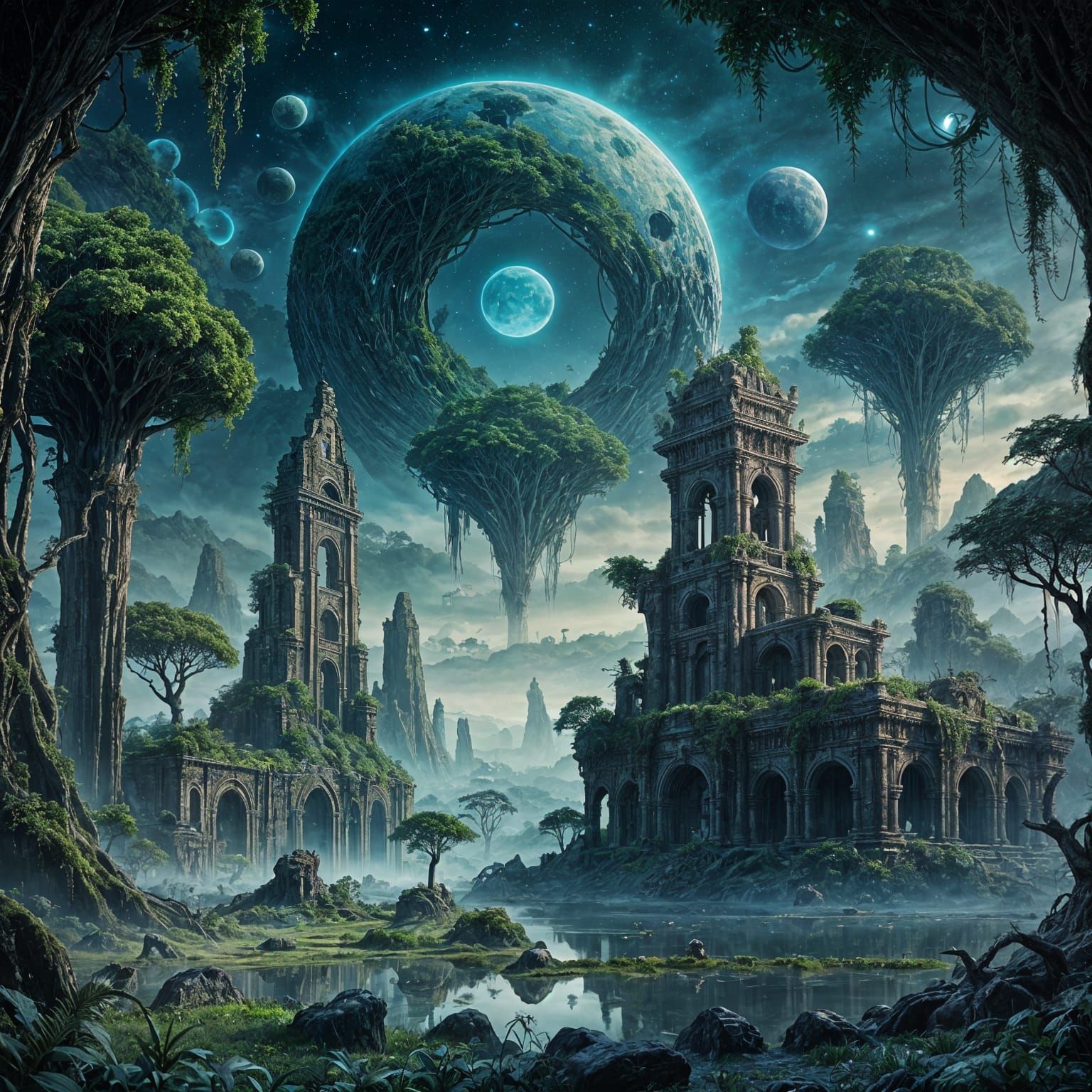 Bioluminescent Ruins on Alien Planet in Digital Painting