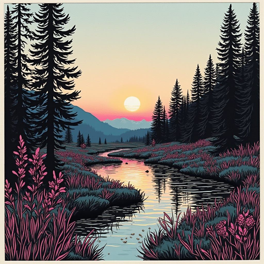 Ethereal Synthwave Woodcut Landscape