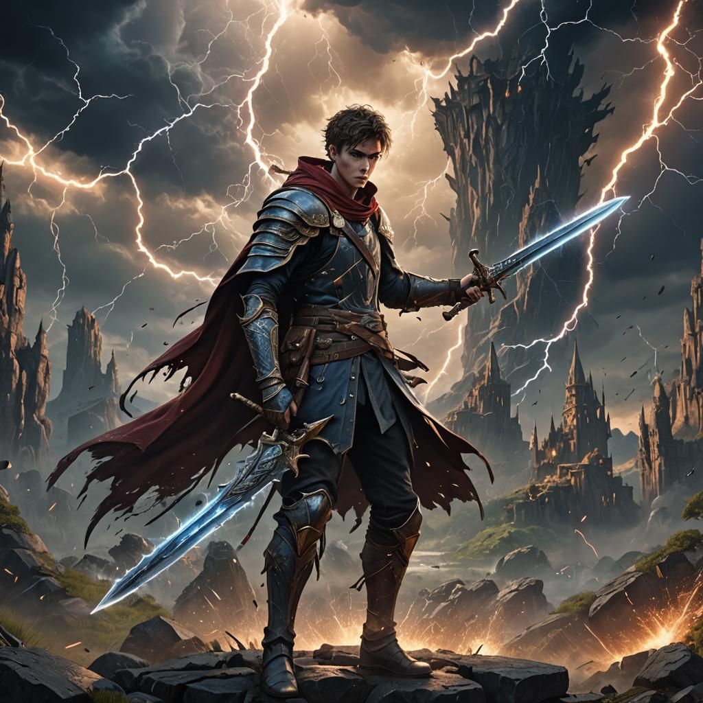 Boy Manipulating Thunder with Sword, Fantasy Art