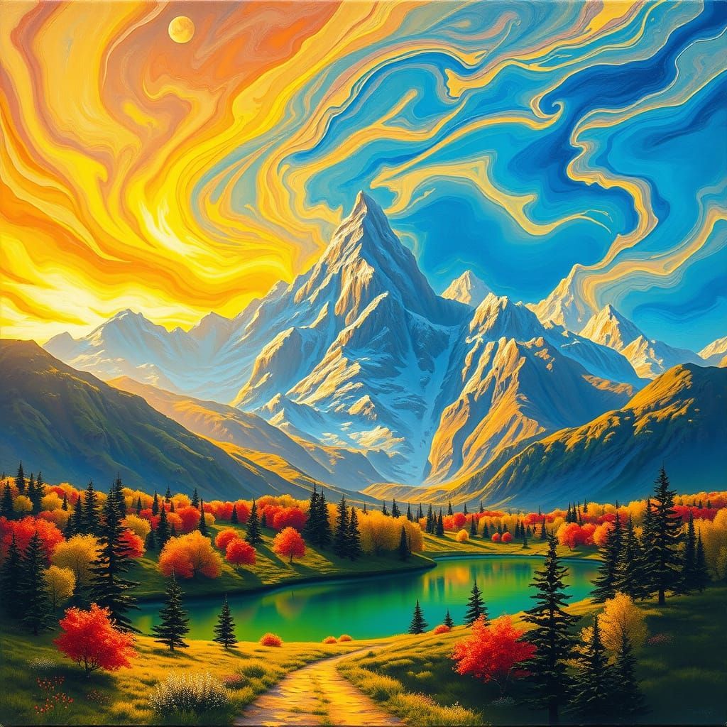 Majestic Mountain Landscape in Ethereal Impasto Style