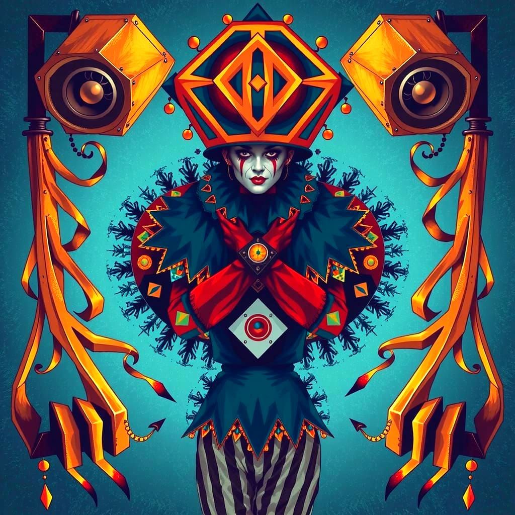 Vibrant Harlequin in Geometric Op-Art Labrynth